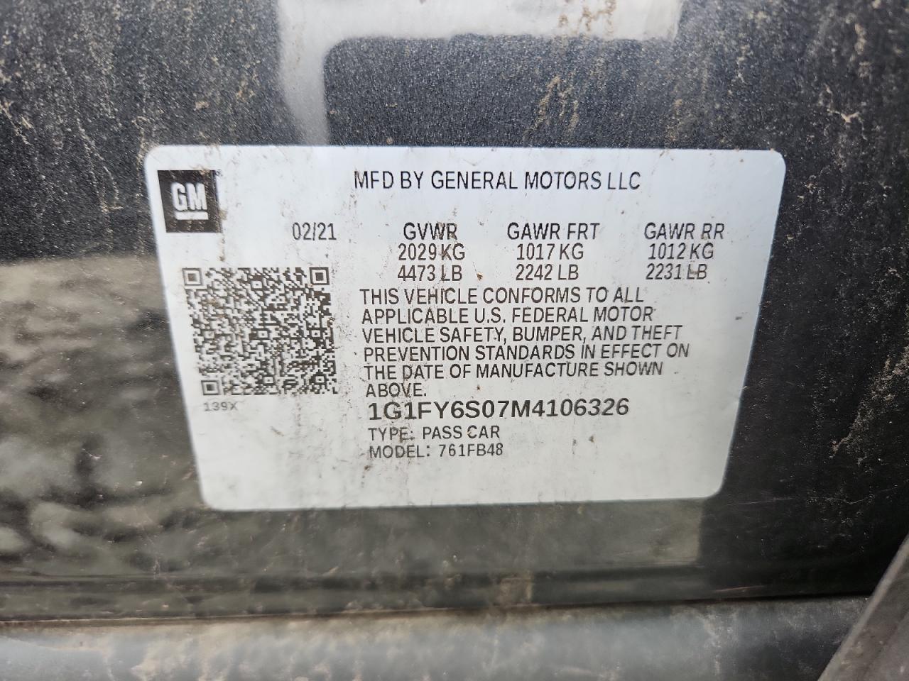 2021 Chevrolet Bolt Ev Lt VIN: 1G1FY6S07M4106326 Lot: 64336805