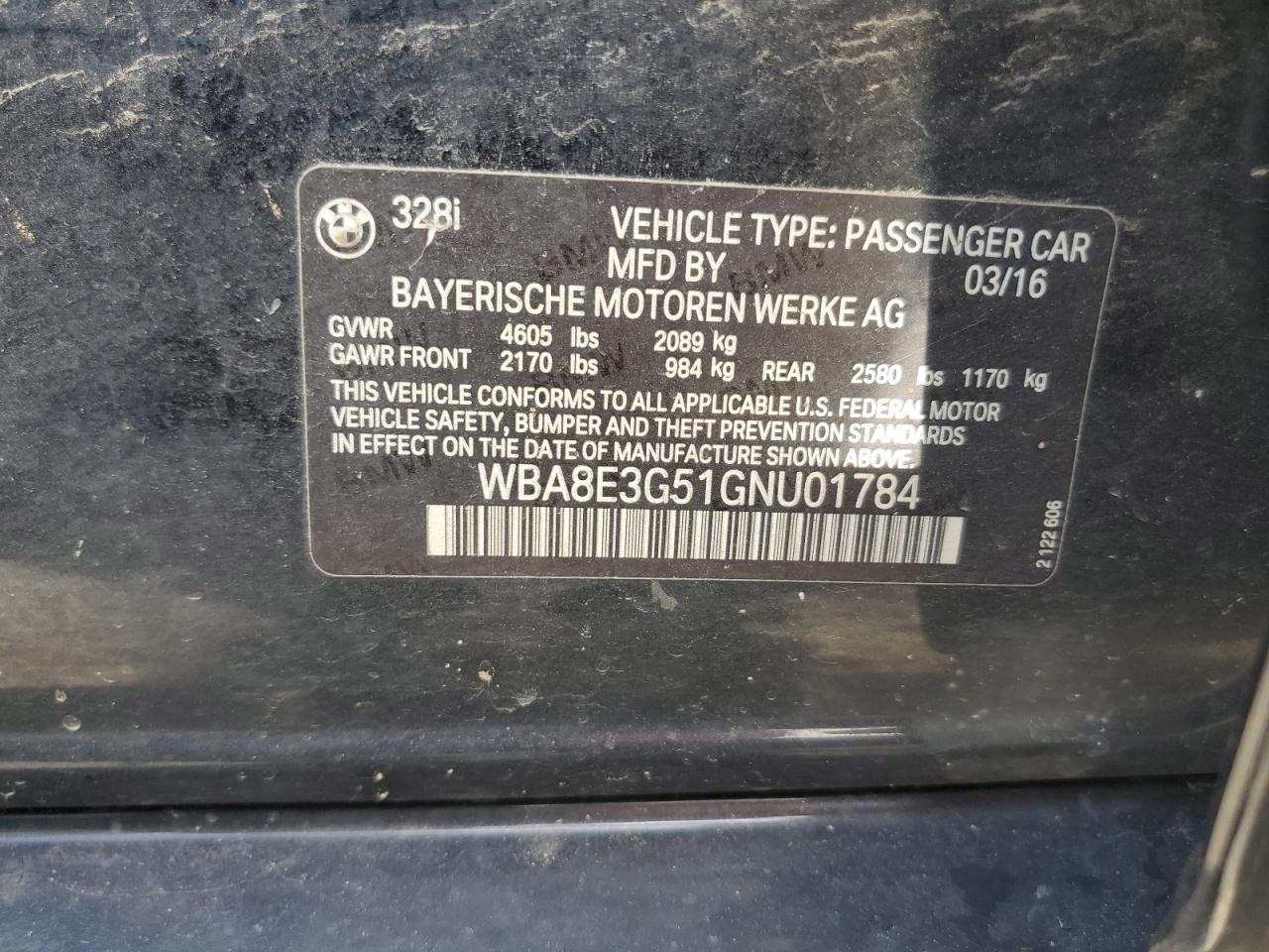 2016 BMW 328 Xi Sulev VIN: WBA8E3G51GNU01784 Lot: 62843915