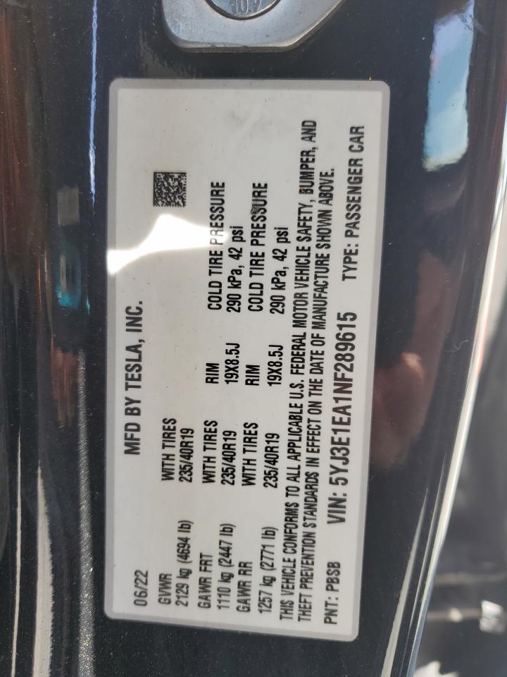 2022 Tesla Model 3 VIN: 5YJ3E1EA1NF289615 Lot: 63332725