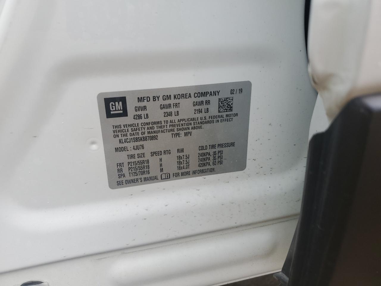 2019 Buick Encore Sport Touring VIN: KL4CJ1SB5KB870892 Lot: 64082945