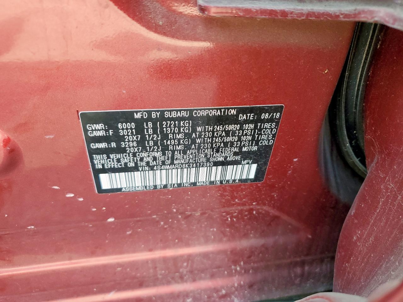 2019 Subaru Ascent Touring VIN: 4S4WMARD8K3417390 Lot: 63983505