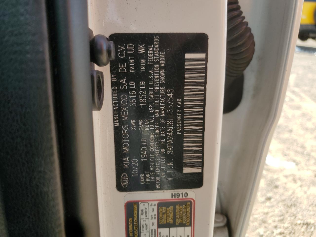 2020 Kia Rio Lx VIN: 3KPA24AD8LE357543 Lot: 63010465