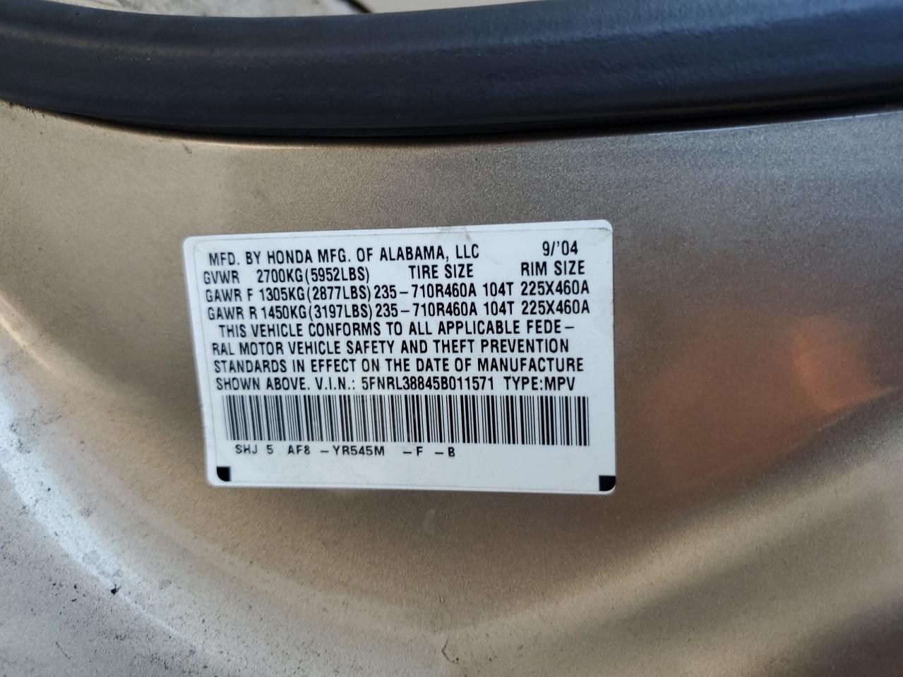 2005 Honda Odyssey Touring VIN: 5FNRL38845B011571 Lot: 65430245