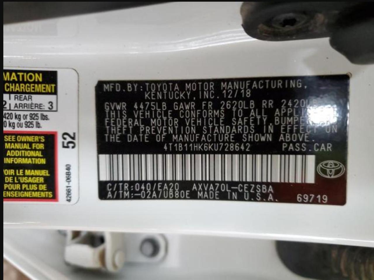 2019 Toyota Camry L VIN: 4T1B11HK6KU728642 Lot: 66363205