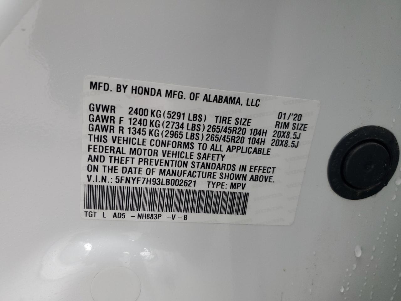 2020 Honda Passport Touring VIN: 5FNYF7H93LB002621 Lot: 64242965