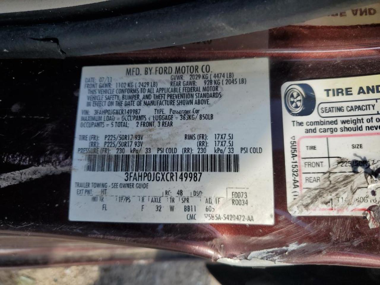 2012 Ford Fusion Sel VIN: 3FAHP0JGXCR149987 Lot: 61796945