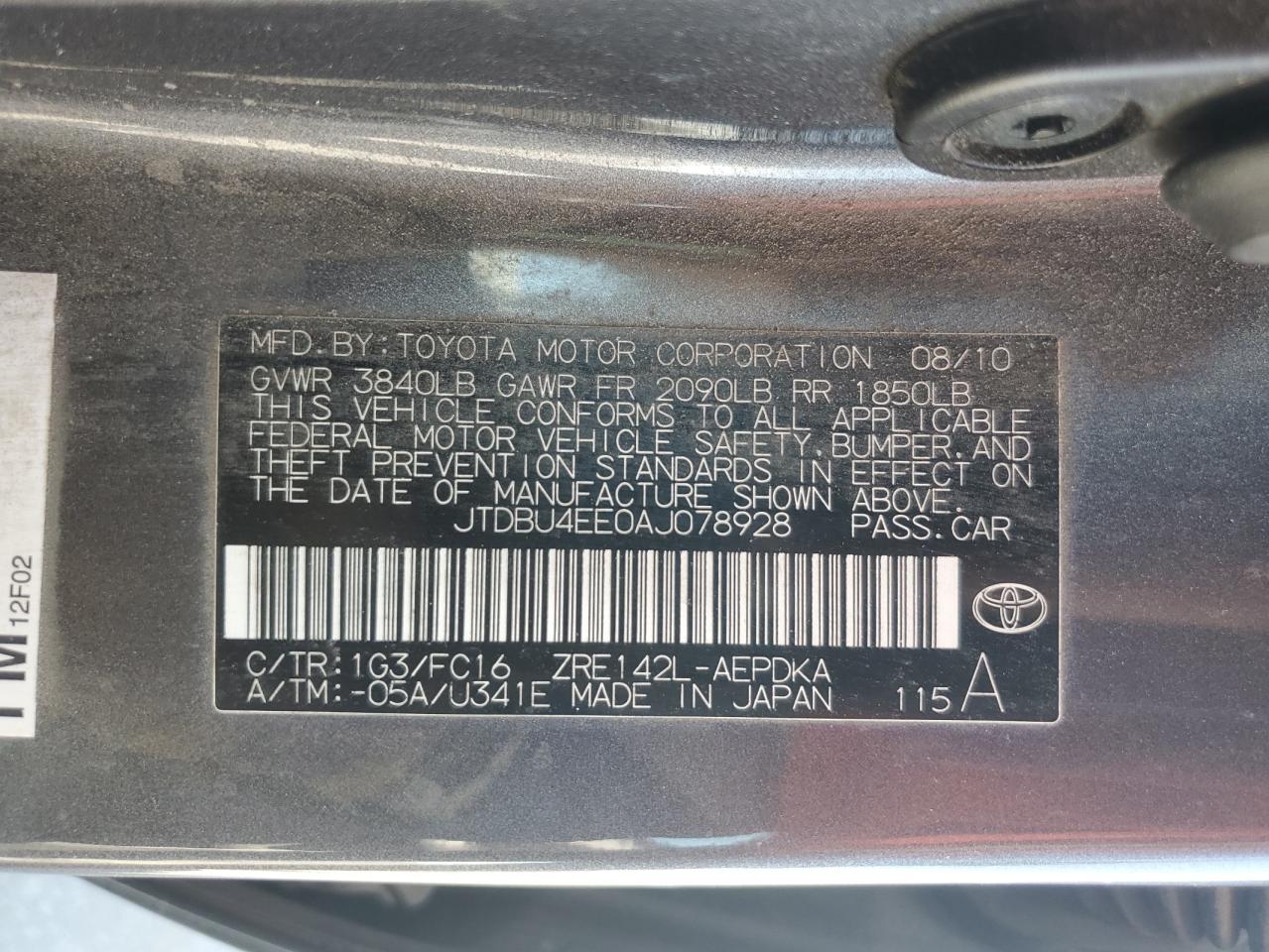 2010 Toyota Corolla Base VIN: JTDBU4EE0AJ078928 Lot: 65757415