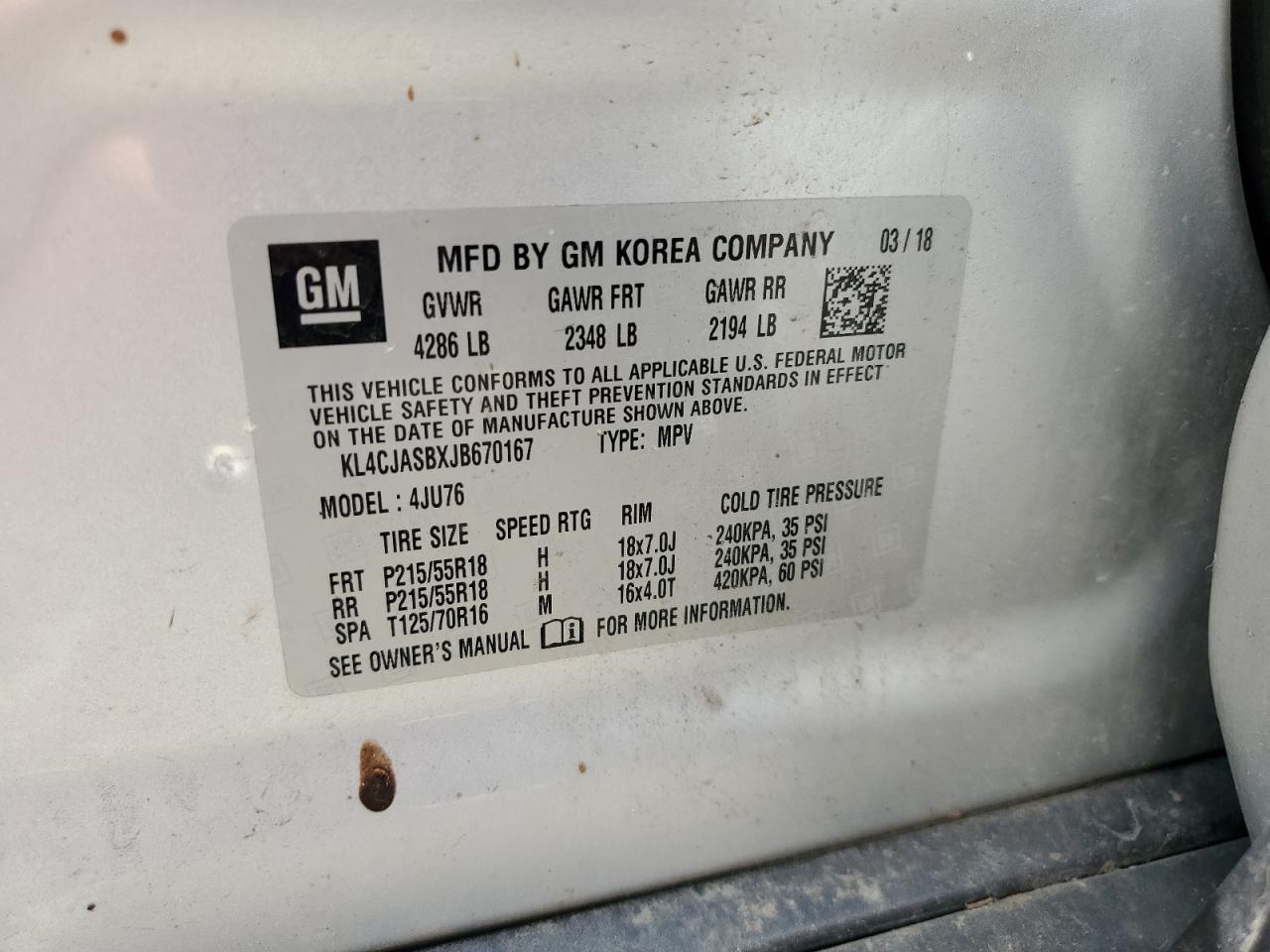 2018 Buick Encore Preferred VIN: KL4CJASBXJB670167 Lot: 64014255