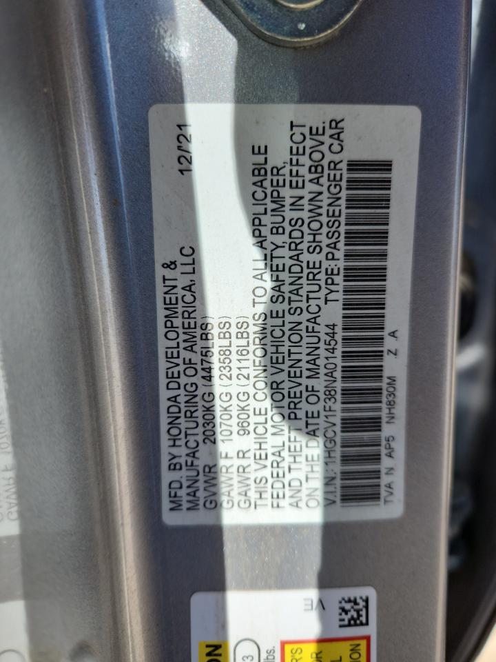 2022 Honda Accord Sport VIN: 1HGCV1F38NA014544 Lot: 64114635