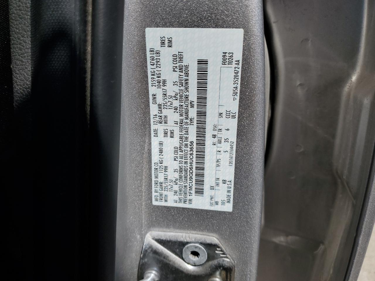 2017 Ford Escape Se VIN: 1FMCU9GD6HUC63656 Lot: 65015385