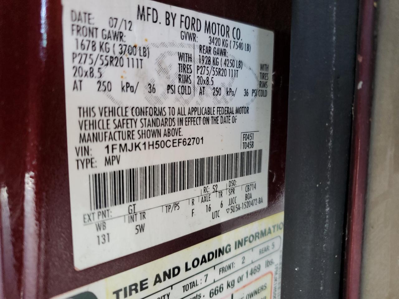 2012 Ford Expedition El Xlt VIN: 1FMJK1H50CEF62701 Lot: 62899155