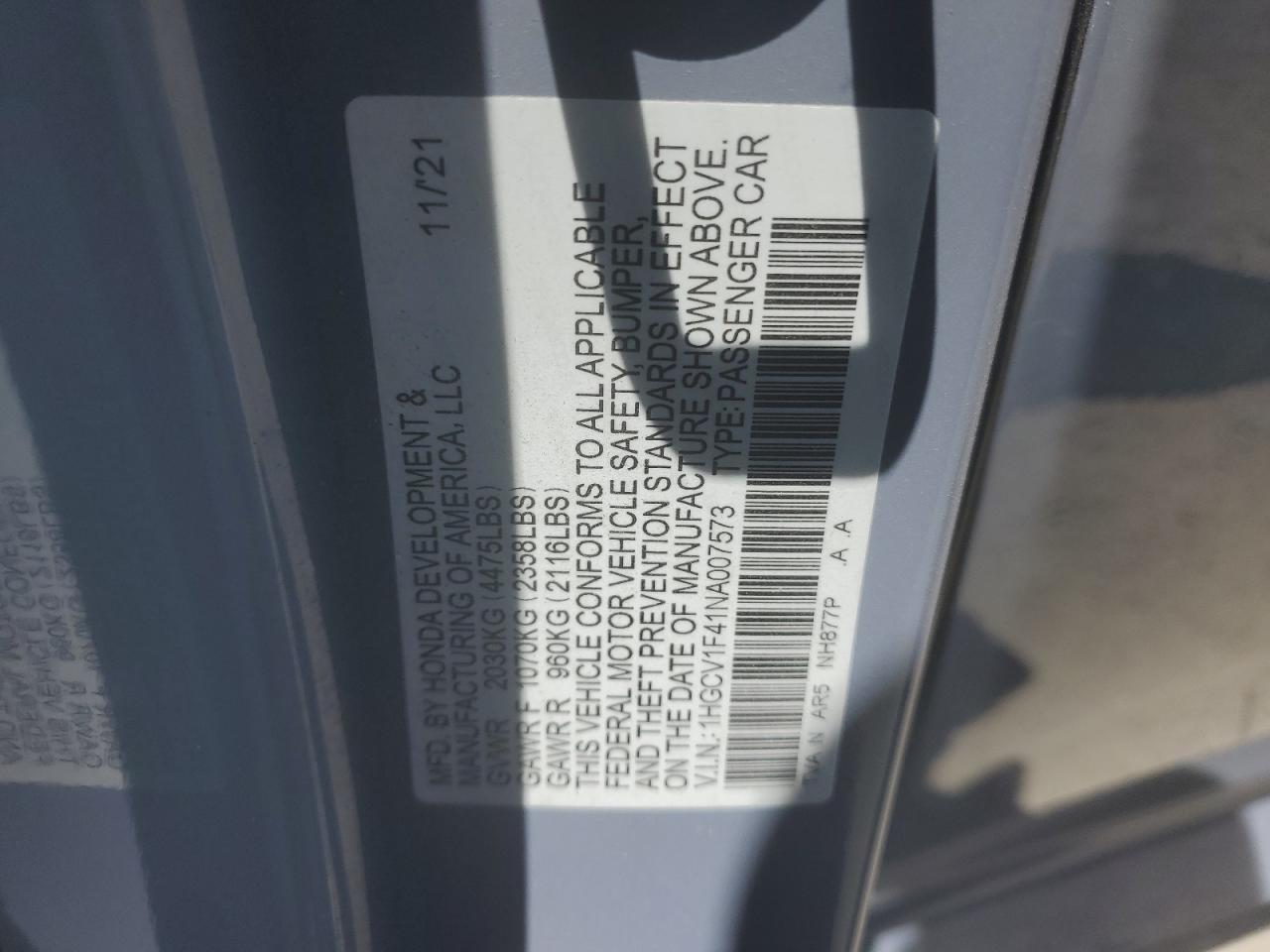 2022 Honda Accord Sport Se VIN: 1HGCV1F41NA007573 Lot: 63685735