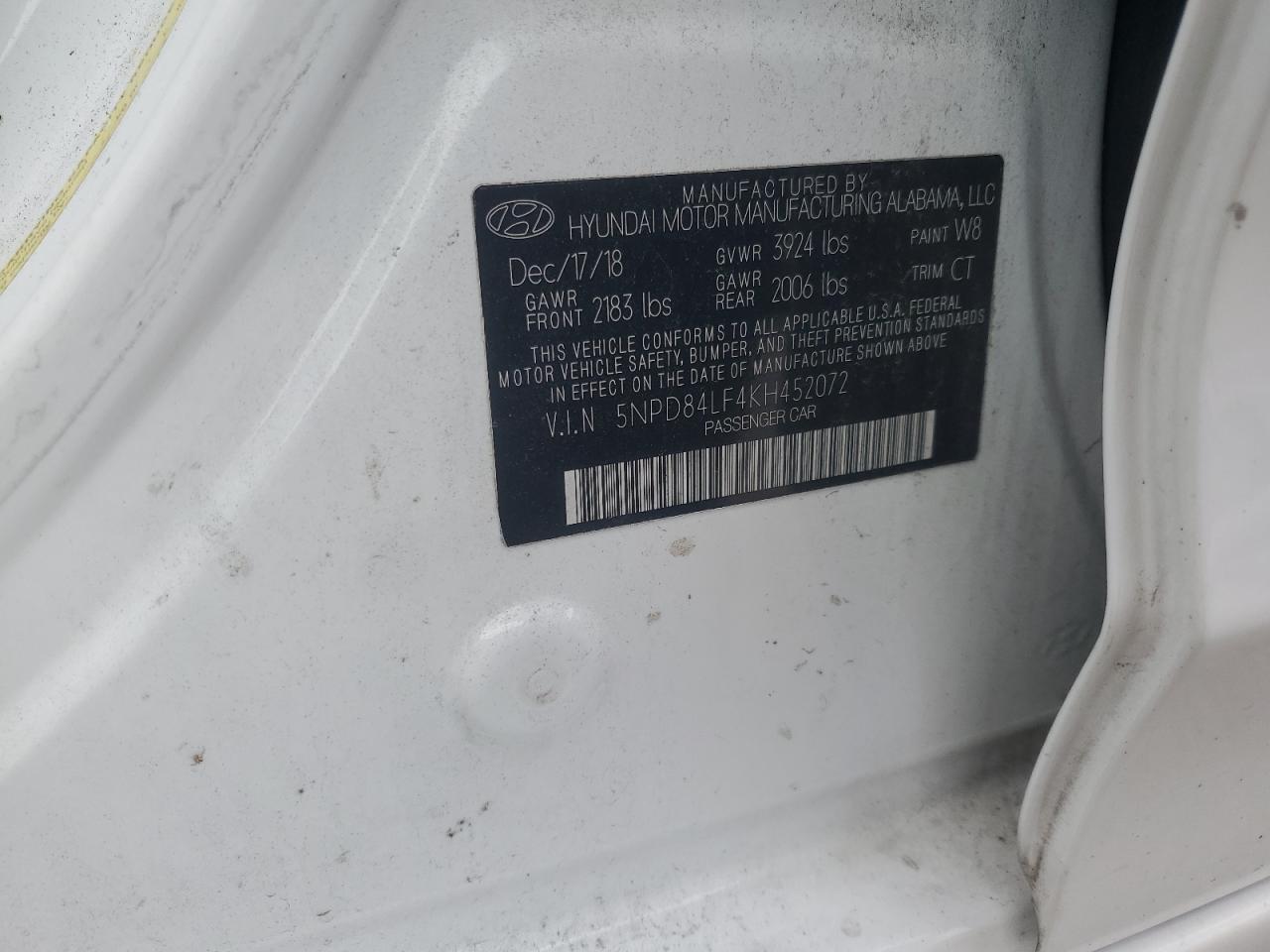 2019 Hyundai Elantra Sel VIN: 5NPD84LF4KH452072 Lot: 65380655