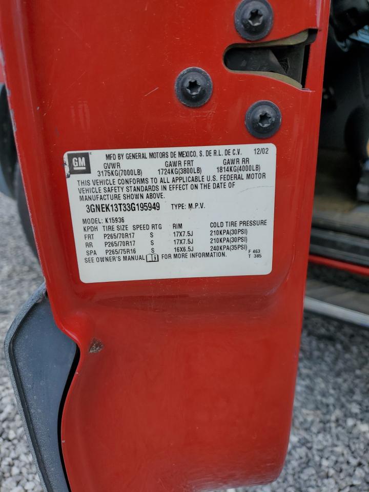 3gnek13t33g195949 3GNEK13T33G195949 2003 Chevrolet Avalanche K1500
