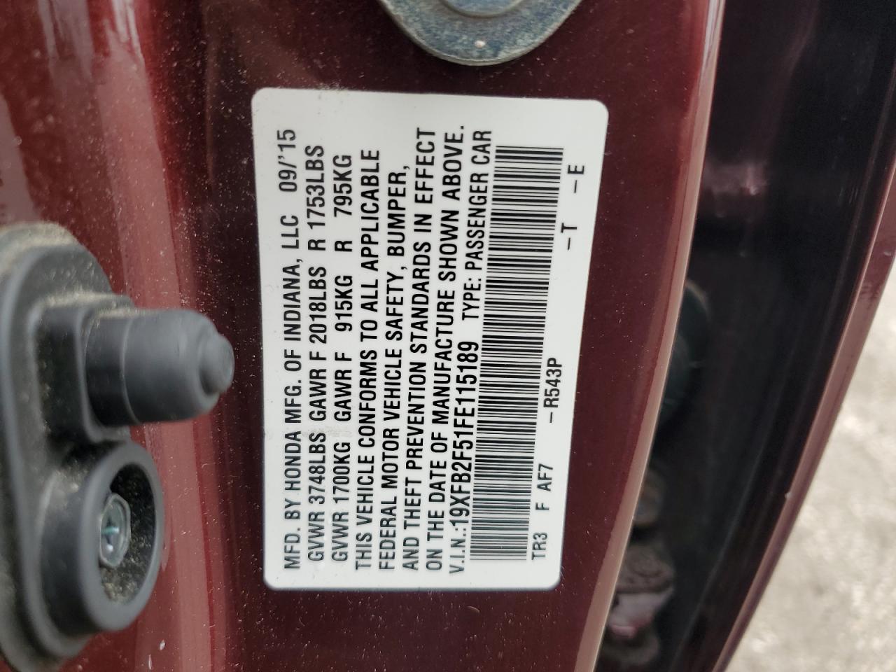 2015 Honda Civic Lx VIN: 19XFB2F51FE115189 Lot: 63681465