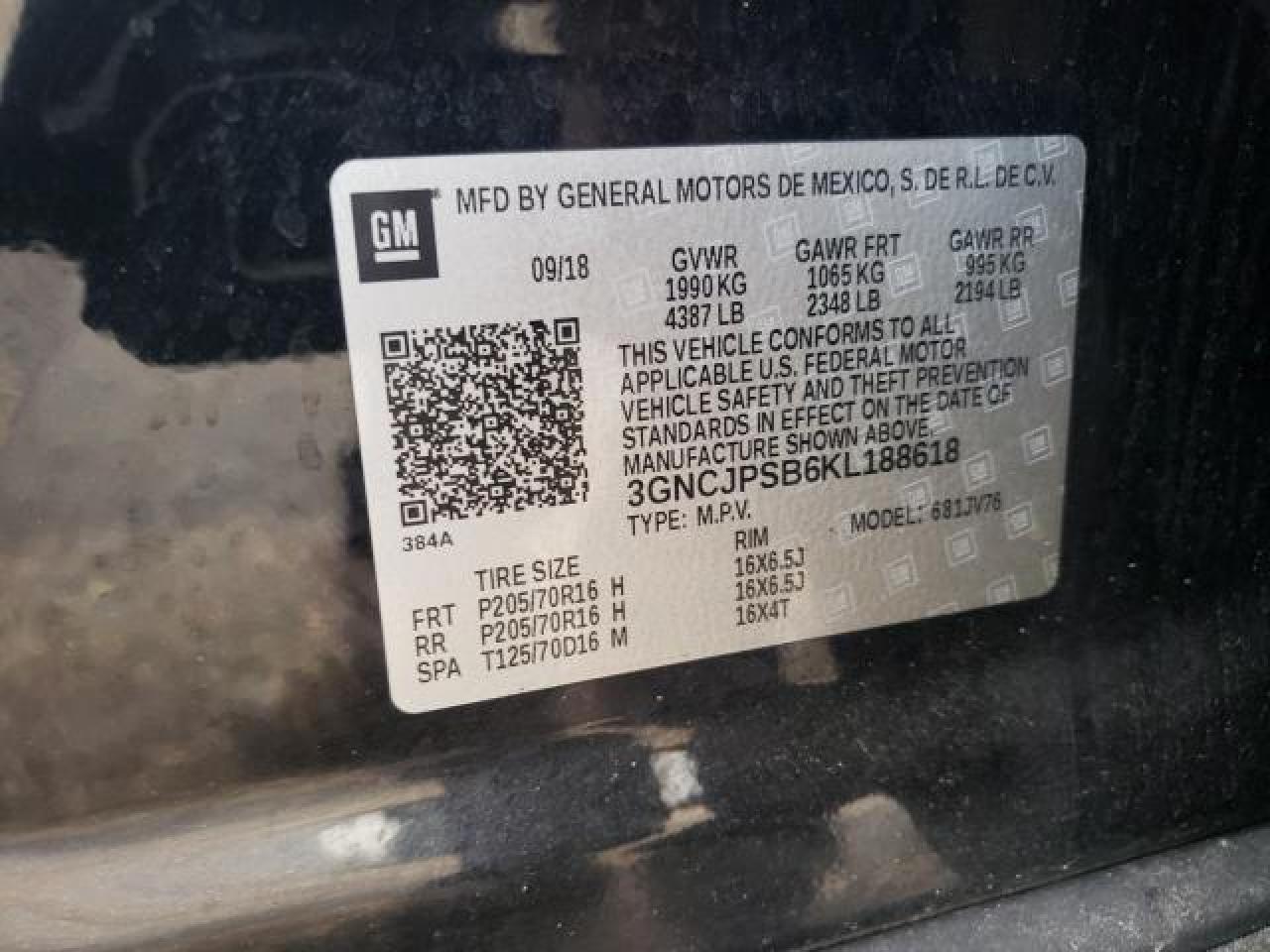 2019 Chevrolet Trax 1Lt VIN: 3GNCJPSB6KL188618 Lot: 65734935