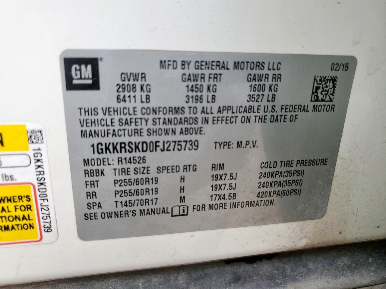 2015 GMC Acadia Slt-2 VIN: 1GKKRSKD0FJ275739 Lot: 63103805