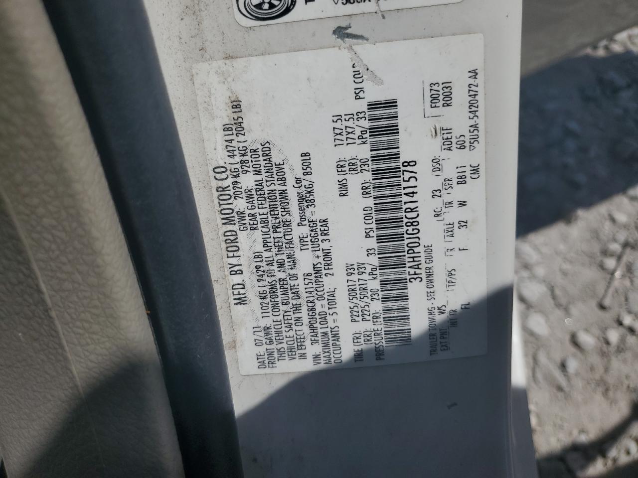 2012 Ford Fusion Sel VIN: 3FAHP0JG8CR141578 Lot: 91836055