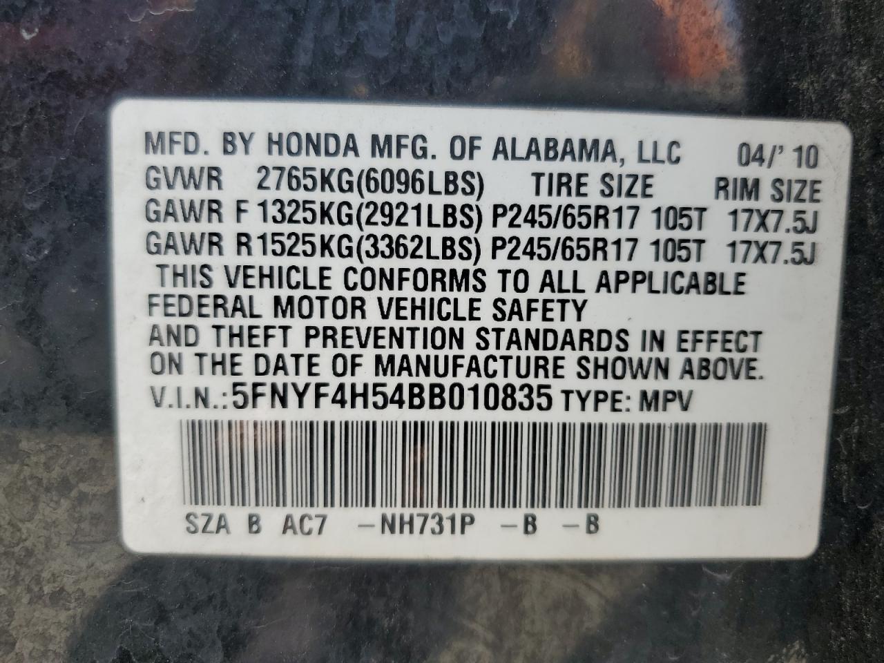 2011 Honda Pilot Exl VIN: 5FNYF4H54BB010835 Lot: 64500585