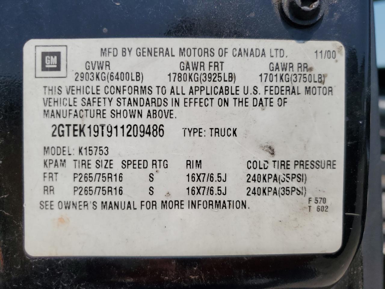 2001 GMC New Sierra K1500 VIN: 2GTEK19T911209486 Lot: 64191895