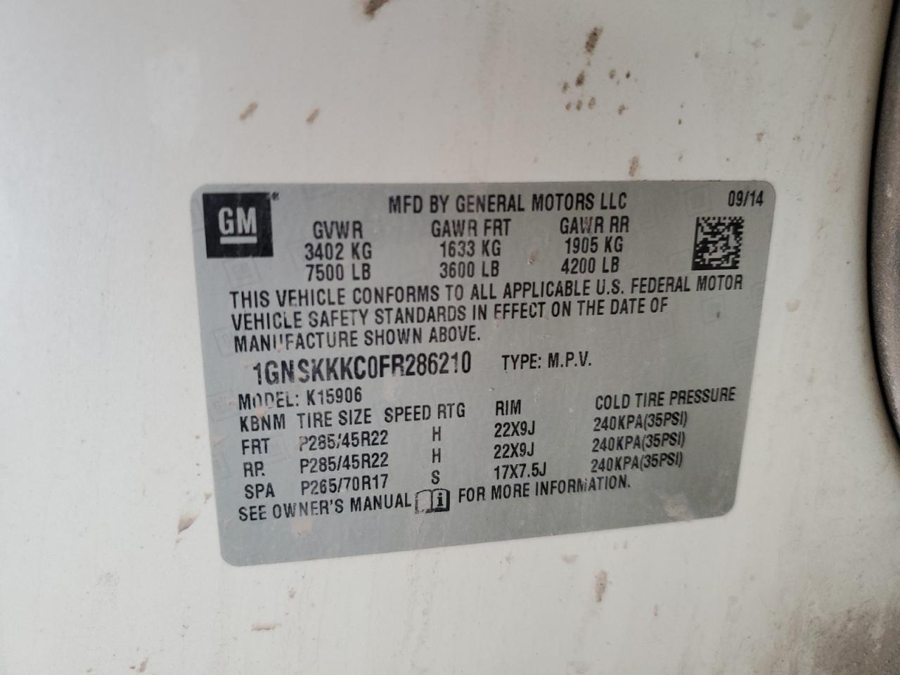 2015 Chevrolet Suburban K1500 Ltz VIN: 1GNSKKKC0FR286210 Lot: 66916085