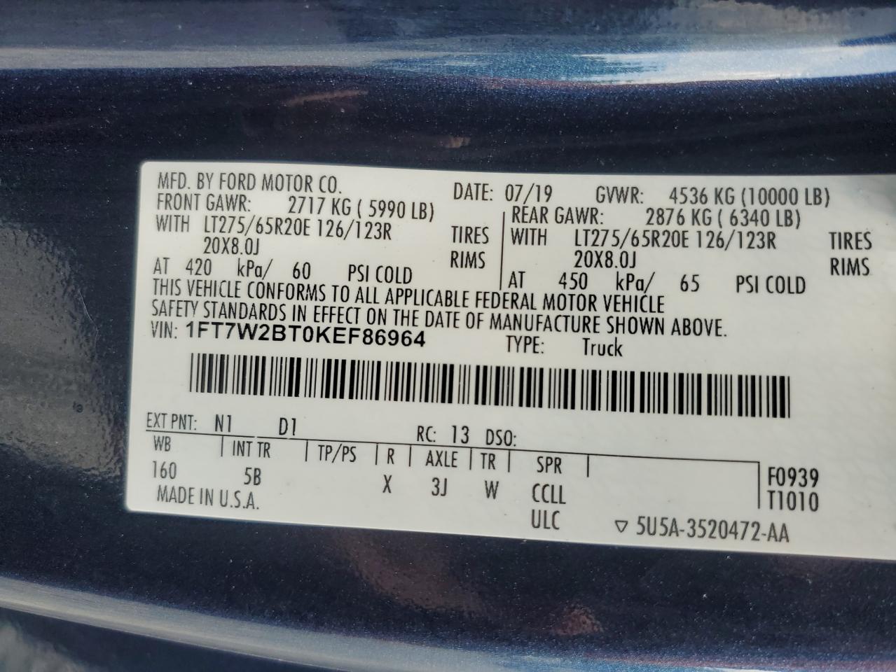 2019 Ford F250 Super Duty VIN: 1FT7W2BT0KEF86964 Lot: 64440765