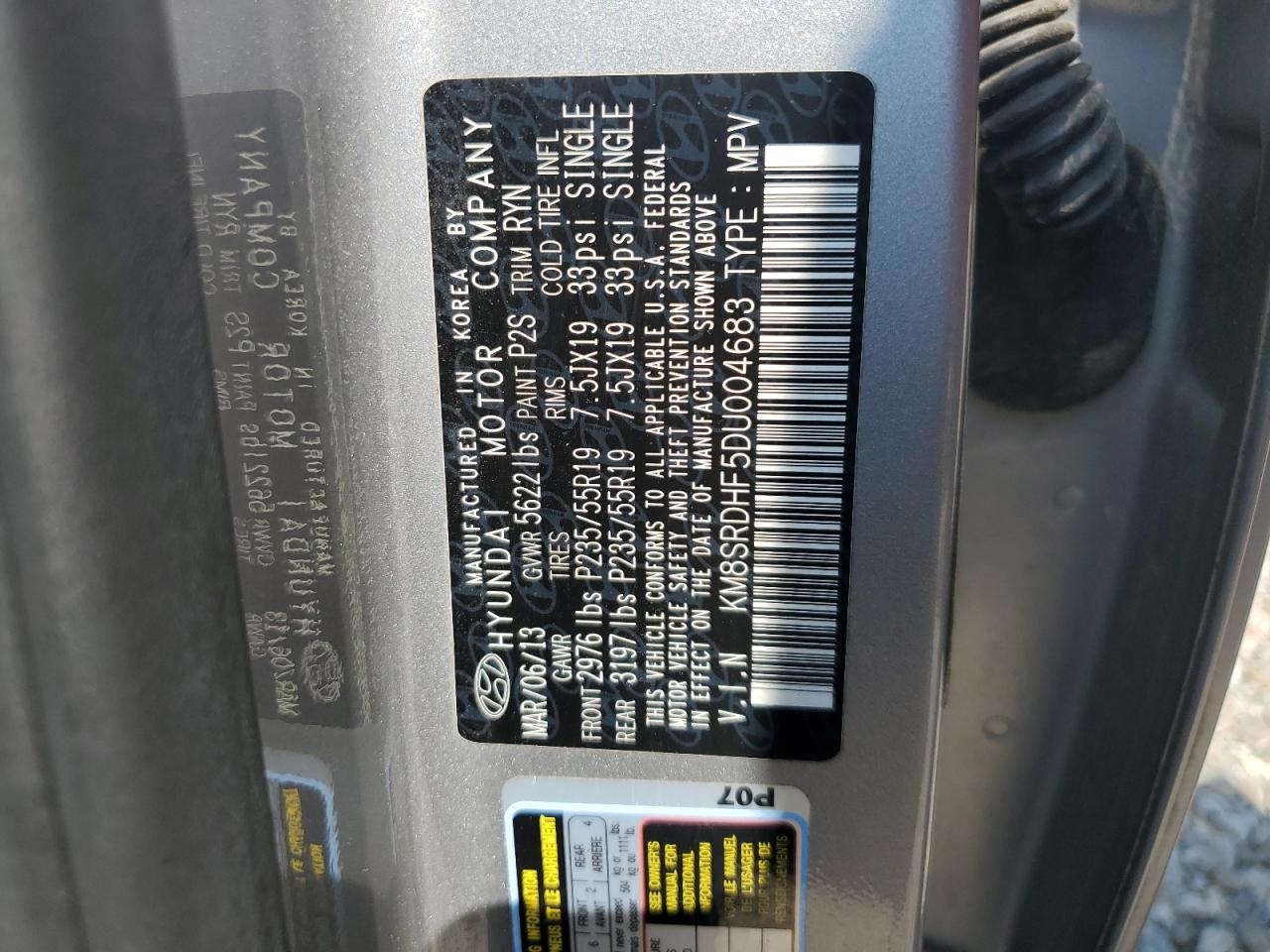 KM8SRDHF5DU004683 2013 Hyundai Santa Fe Limited