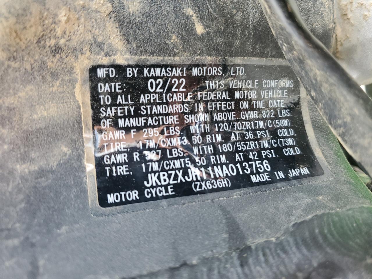 jkbzxjh11na013756 JKBZXJH11NA013756 2022 Kawasaki Zx636 K