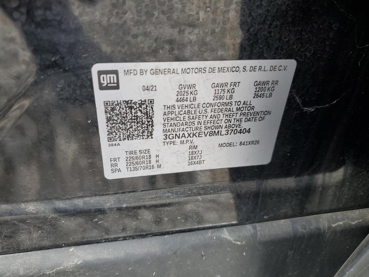 2021 Chevrolet Equinox Lt VIN: 3GNAXKEV8ML370404 Lot: 64386225