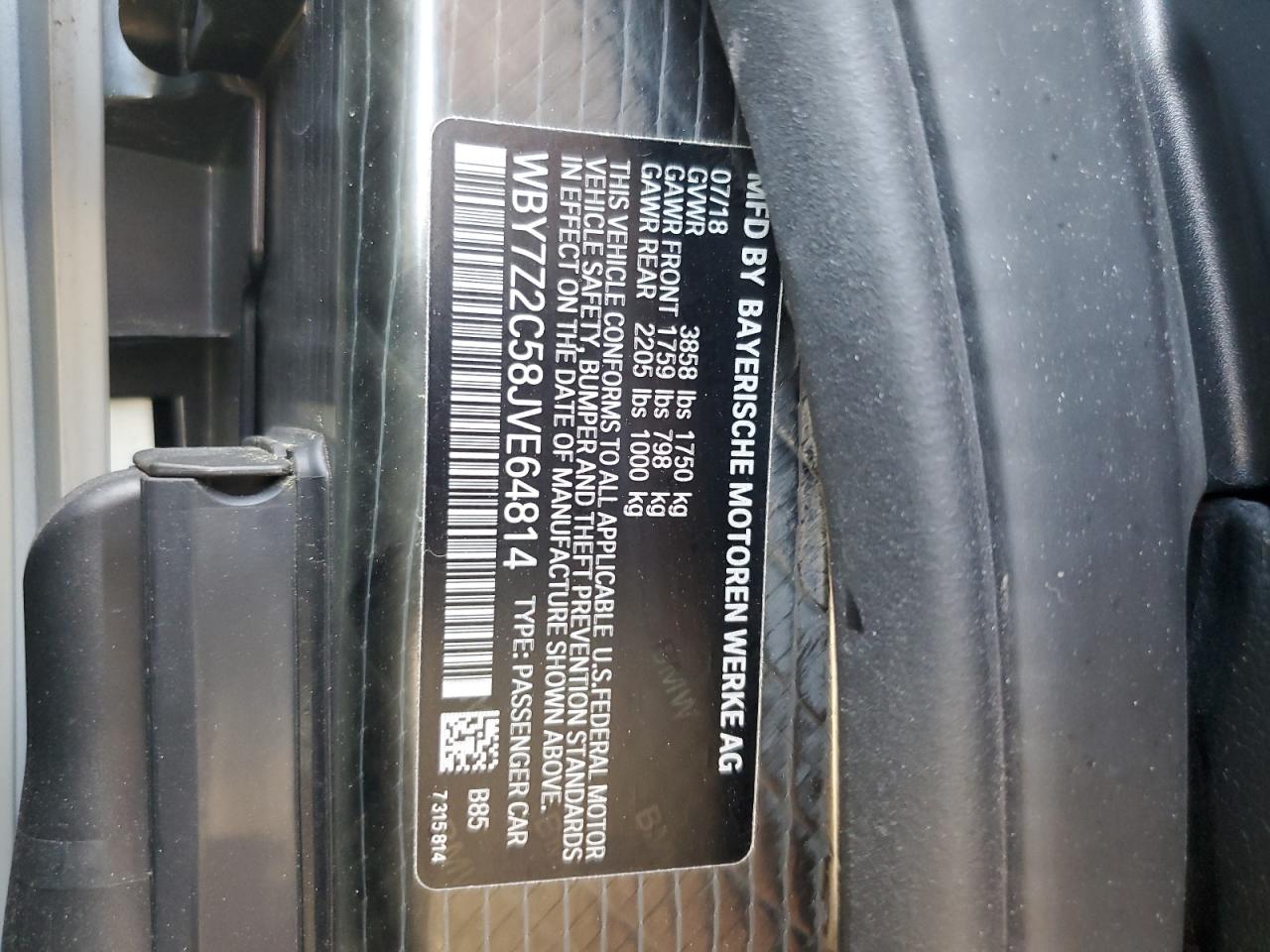 2018 BMW I3 Bev VIN: WBY7Z2C58JVE64814 Lot: 63661435