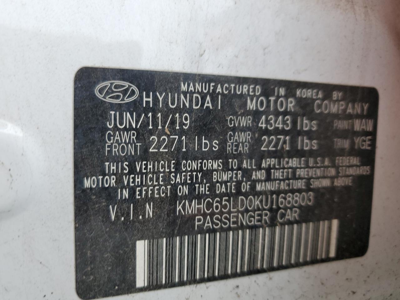 2019 Hyundai Ioniq VIN: KMHC65LD0KU168803 Lot: 64095775