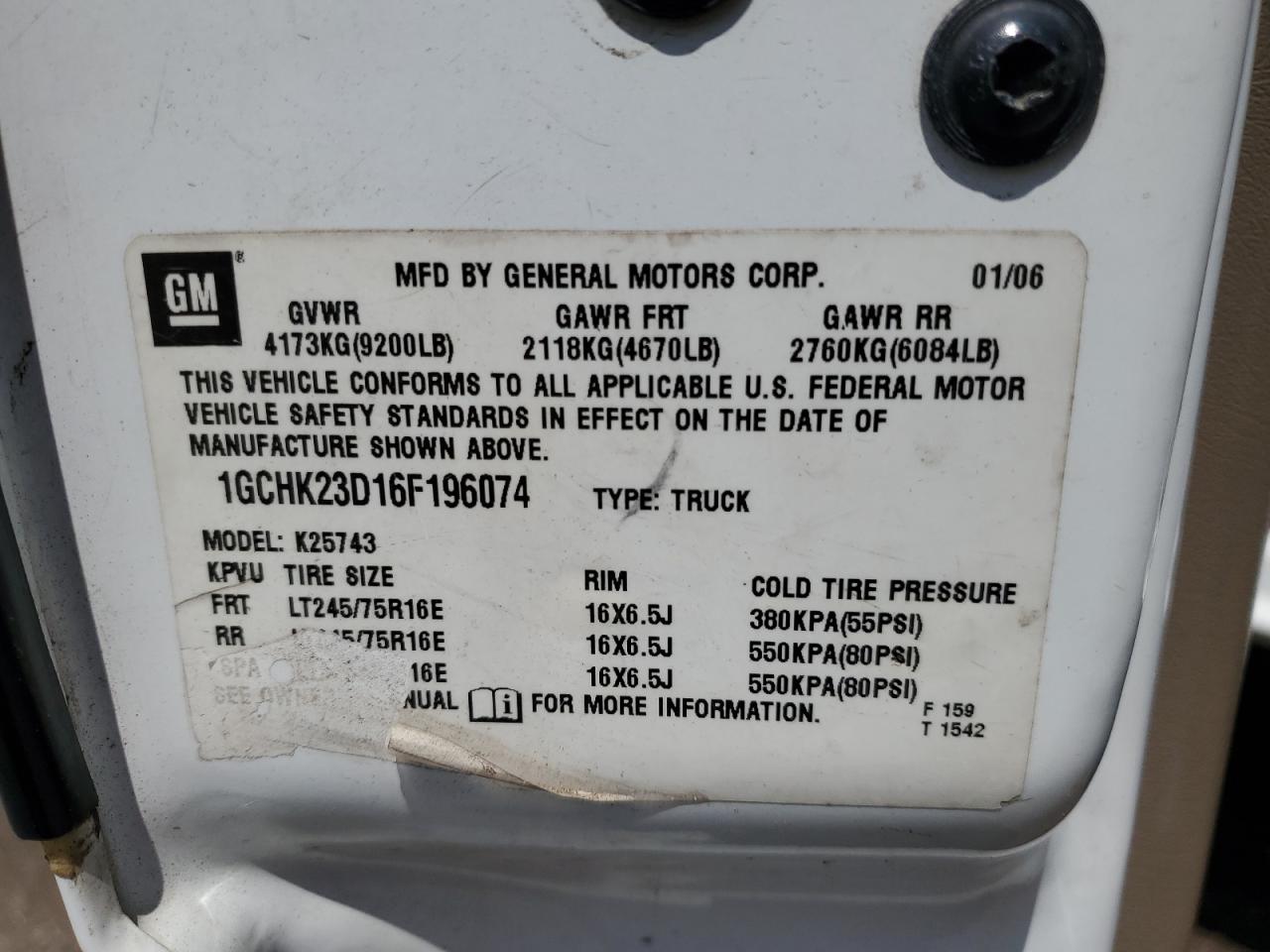 2006 Chevrolet Silverado K2500 Heavy Duty VIN: 1GCHK23D16F196074 Lot: 64326285