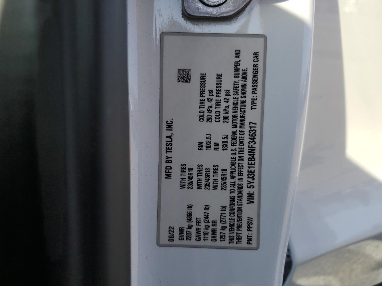 2022 Tesla Model 3 VIN: 5YJ3E1EB4NF346317 Lot: 64826575