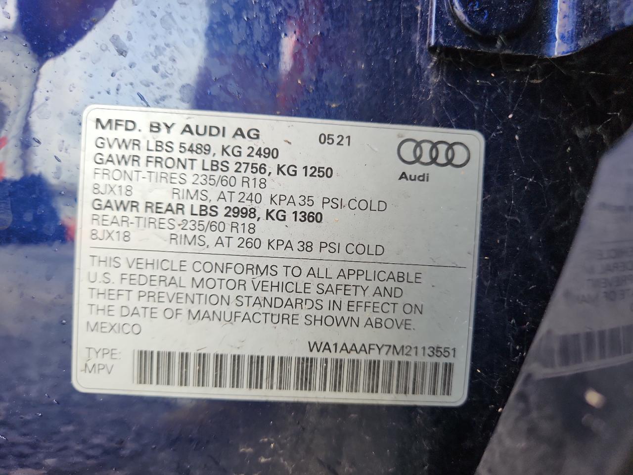 2021 Audi Q5 Premium VIN: WA1AAAFY7M2113551 Lot: 63994735
