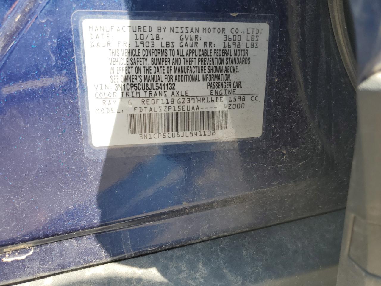 2018 Nissan Kicks S VIN: 3N1CP5CU8JL541132 Lot: 64003855