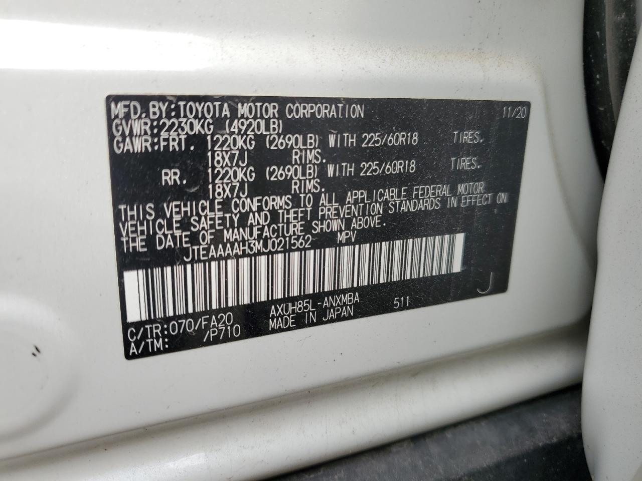 2021 Toyota Venza Le VIN: JTEAAAAH3MJ021562 Lot: 64575435