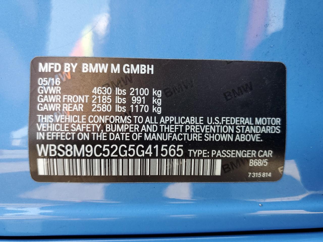 2016 BMW M3 VIN: WBS8M9C52G5G41565 Lot: 64564955