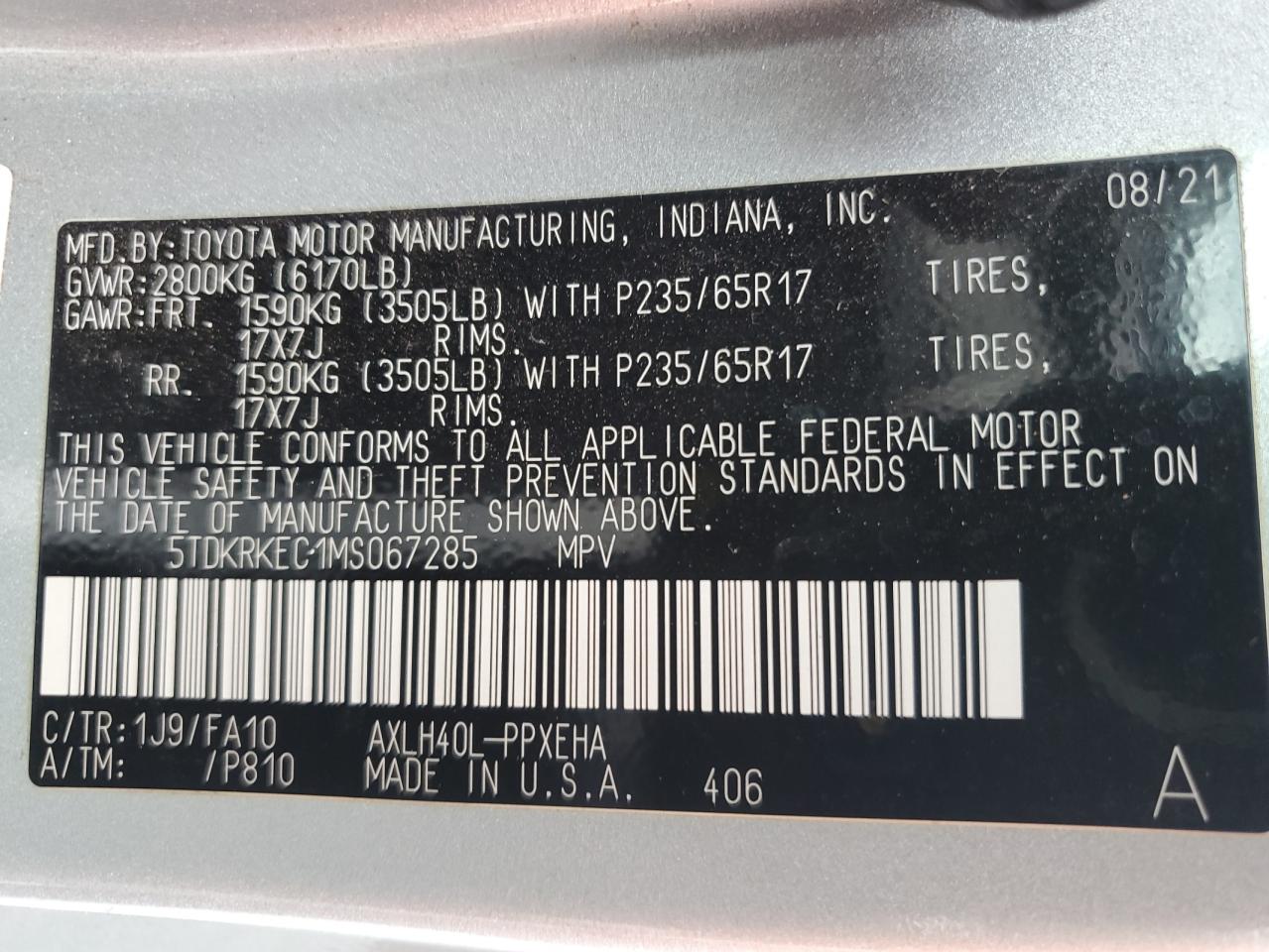2021 Toyota Sienna Le VIN: 5TDKRKEC1MS067285 Lot: 65129175
