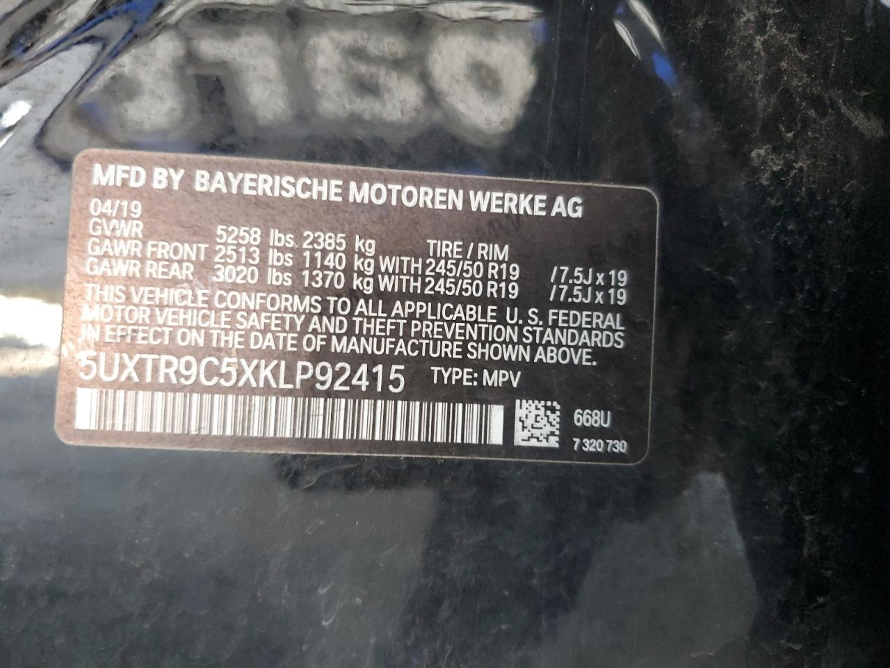 2019 BMW X3 xDrive30I VIN: 5UXTR9C5XKLP92415 Lot: 64675585