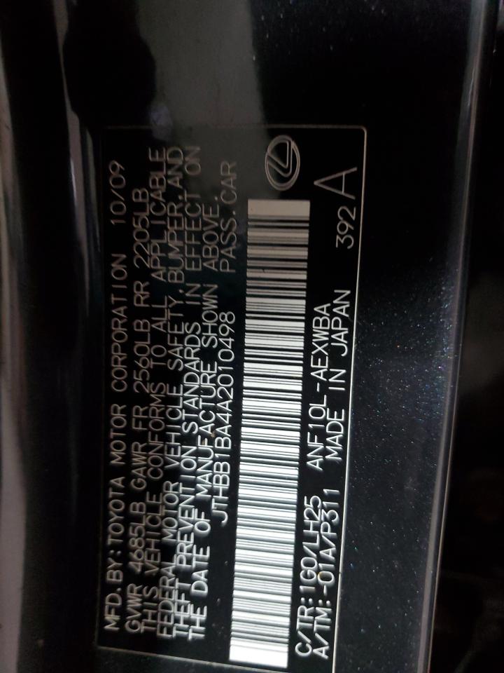 2010 Lexus Hs 250H VIN: JTHBB1BA4A2010498 Lot: 64594865
