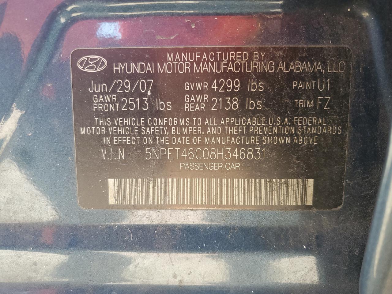 5npet46c08h346831 5NPET46C08H346831 2008 Hyundai Sonata Gls