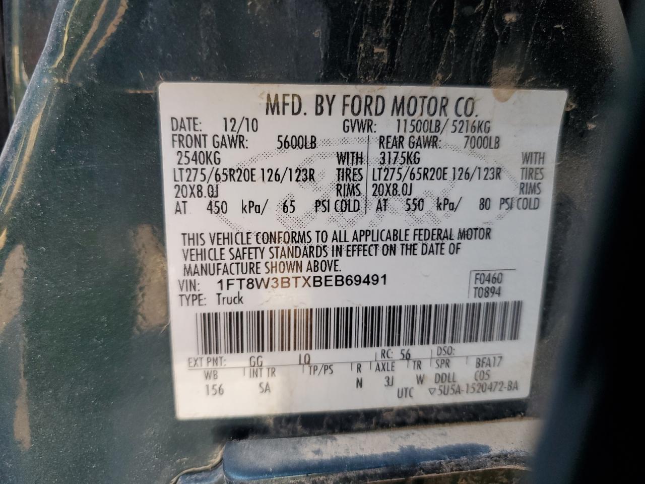 2011 Ford F350 Super Duty VIN: 1FT8W3BTXBEB69491 Lot: 65036265