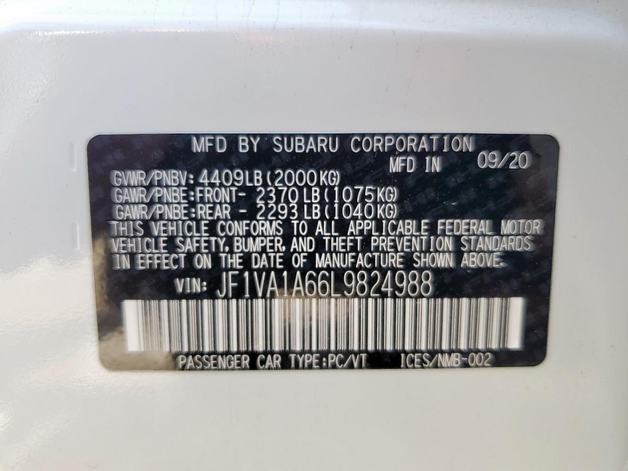 2020 Subaru Wrx VIN: JF1VA1A66L9824988 Lot: 64516645