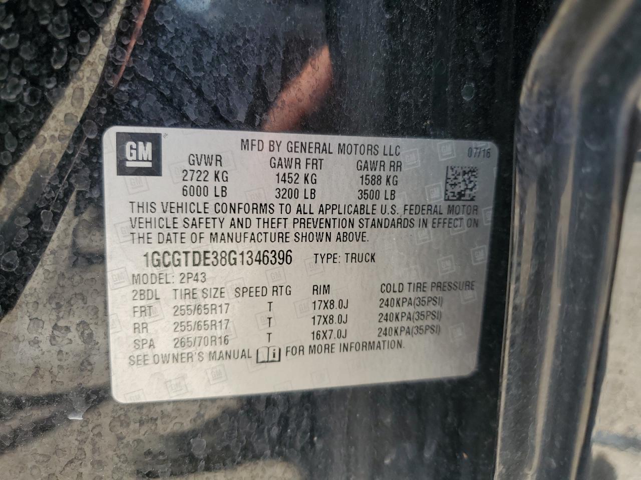 1gcgtde38g1346396 1GCGTDE38G1346396 2016 Chevrolet Colorado Z71