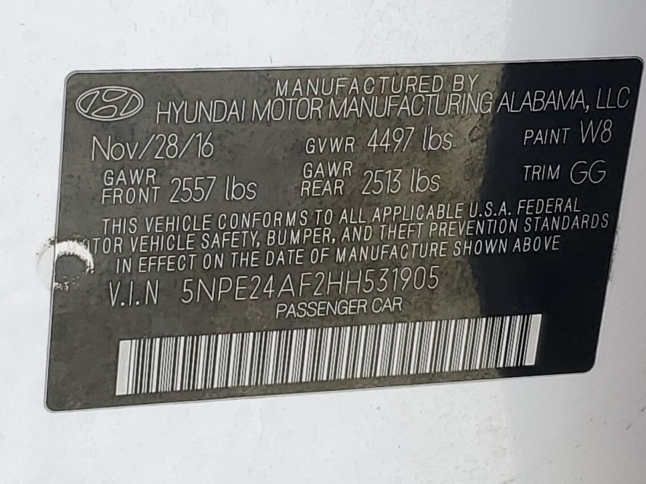 2017 Hyundai Sonata Se VIN: 5NPE24AF2HH531905 Lot: 66958915