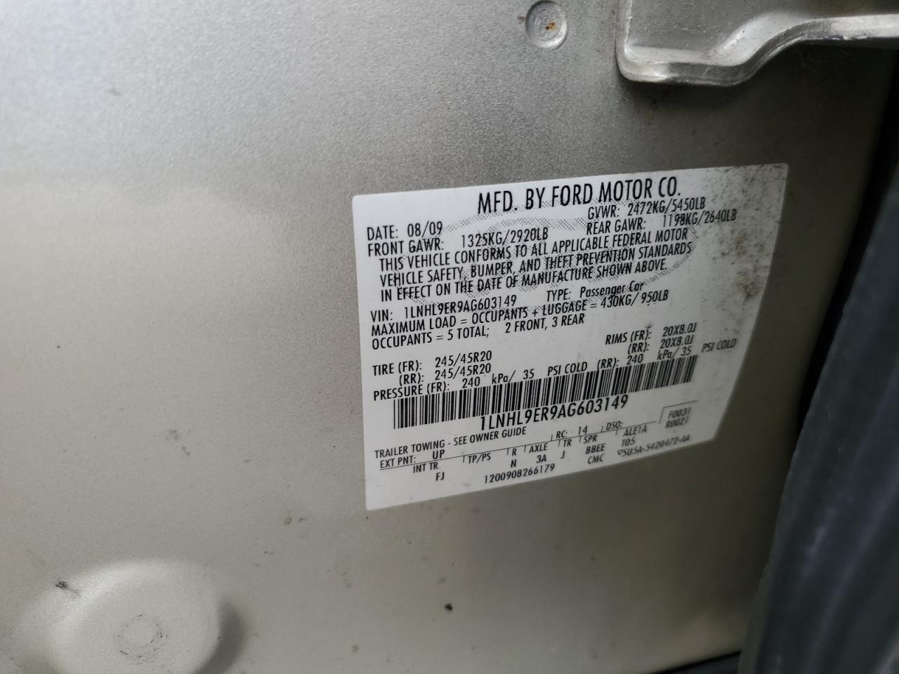1lnhl9er9ag603149 1LNHL9ER9AG603149 2010 Lincoln Mks