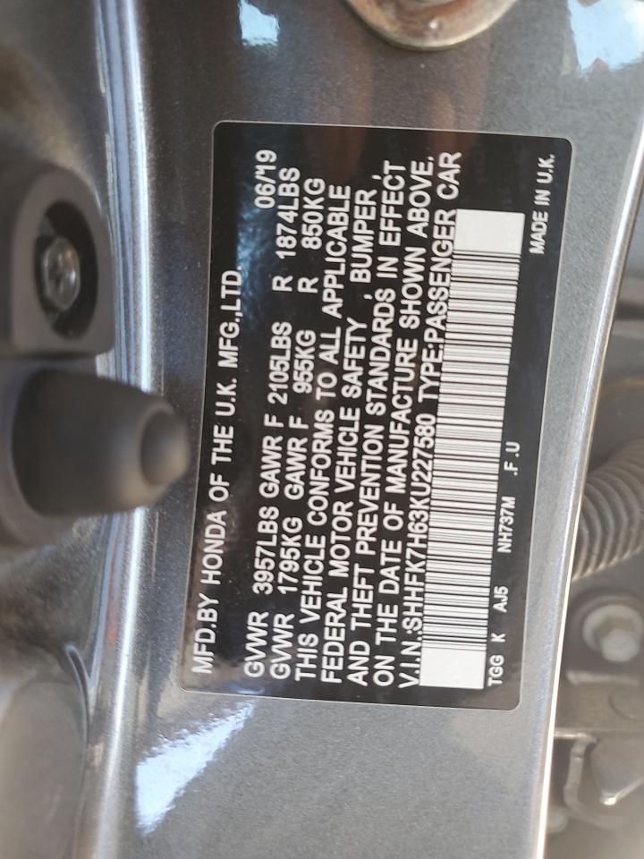 2019 Honda Civic Ex VIN: SHHFK7H63KU227580 Lot: 64307115