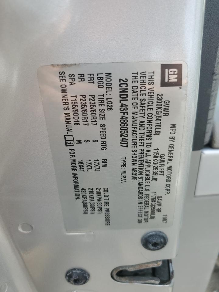 2008 Chevrolet Equinox Lt VIN: 2CNDL43F486052407 Lot: 63063345