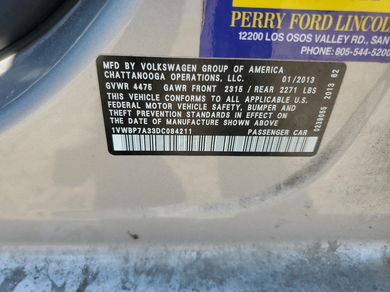 2013 Volkswagen Passat Se VIN: 1VWBP7A33DC084211 Lot: 64678095