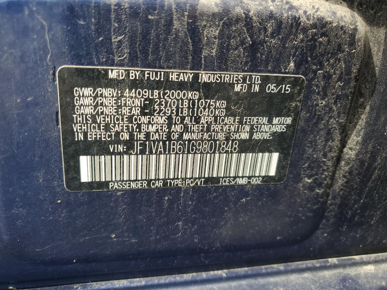 2016 Subaru Wrx VIN: JF1VA1B61G9801848 Lot: 64597675